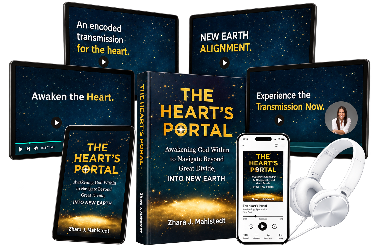 The Heart's Portal book, audiobook on phone and headphones