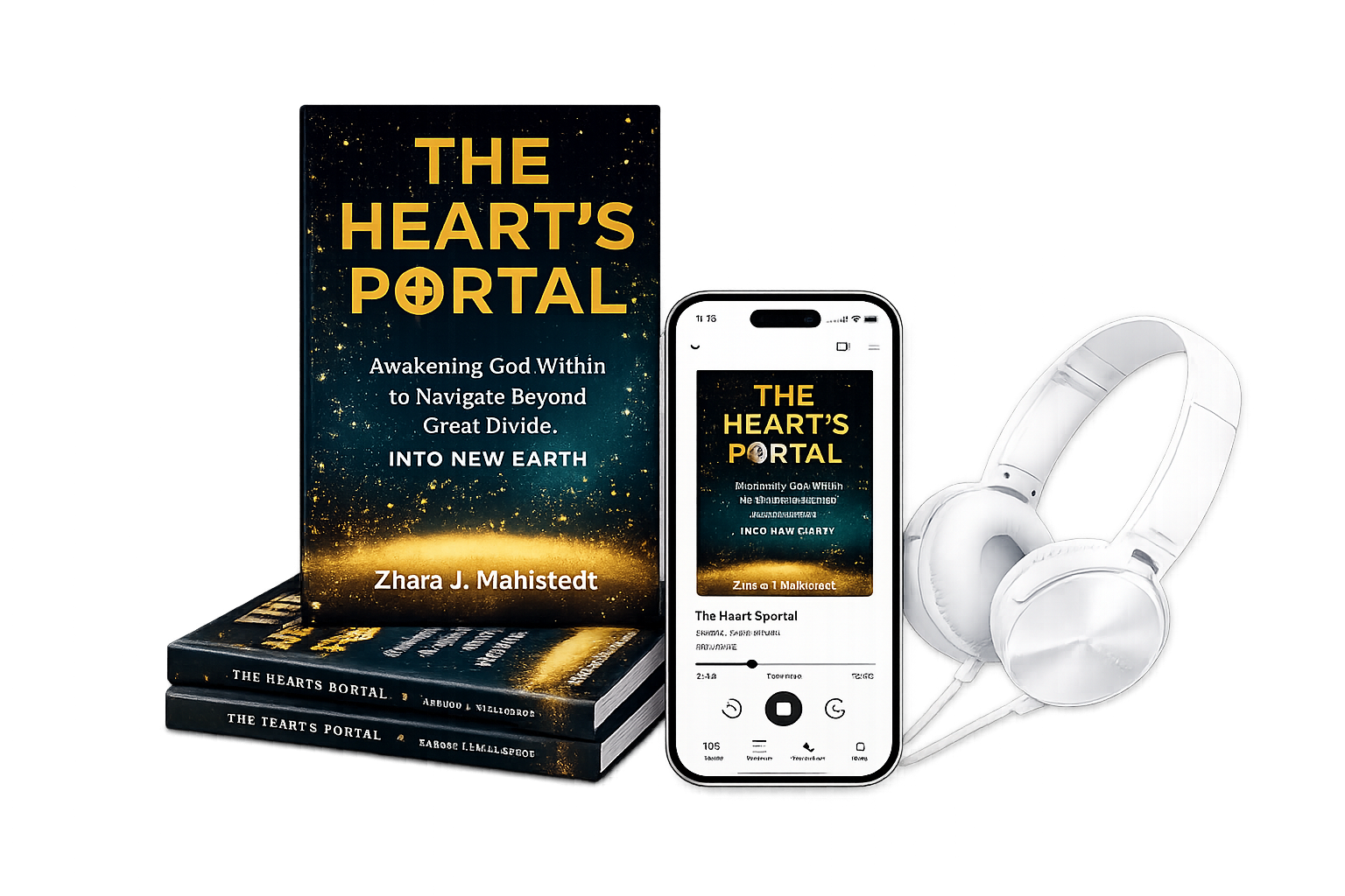 The Heart's Portal book, audiobook on phone and headphones